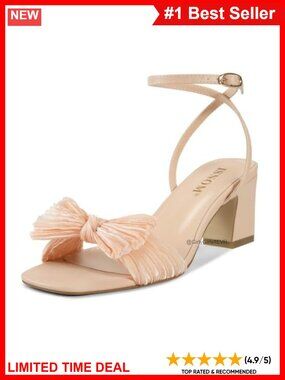 ISNOM Organza Bow Heeled Sandals Square Toe Ankle Strap Dress Shoes